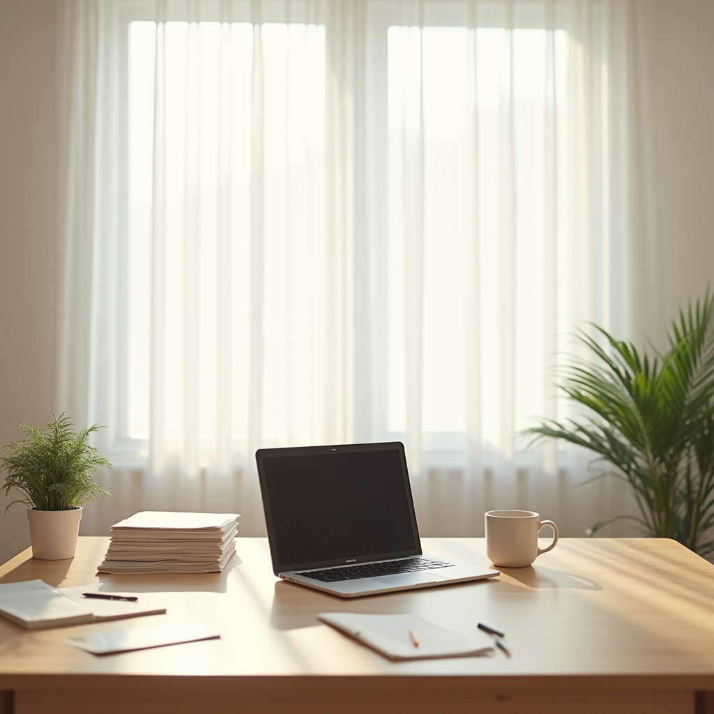 Tidy desk workspace with a laptop, notebook and plant, representing the Sawaru administrative office