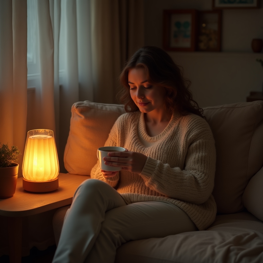 Person relaxing on a couch with a warm lamp and a cup of tea as part of an evening wind-down routine