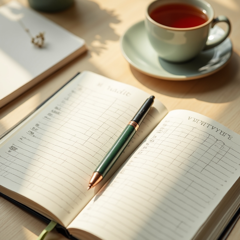 Open habit tracking journal with a pen resting on a wooden table beside a cup of tea
