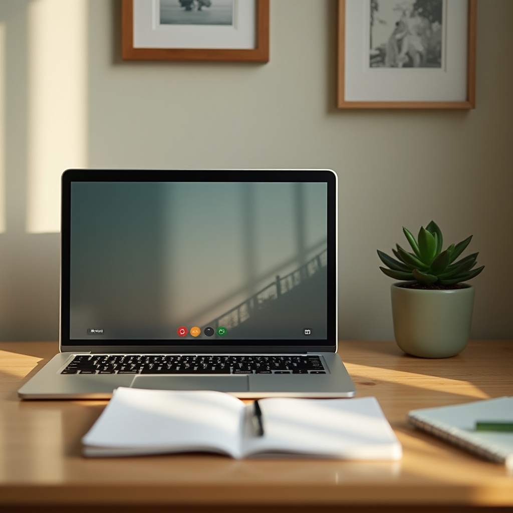 Laptop set up on a desk showing a live workshop video call about to begin, with a notebook and pen beside it