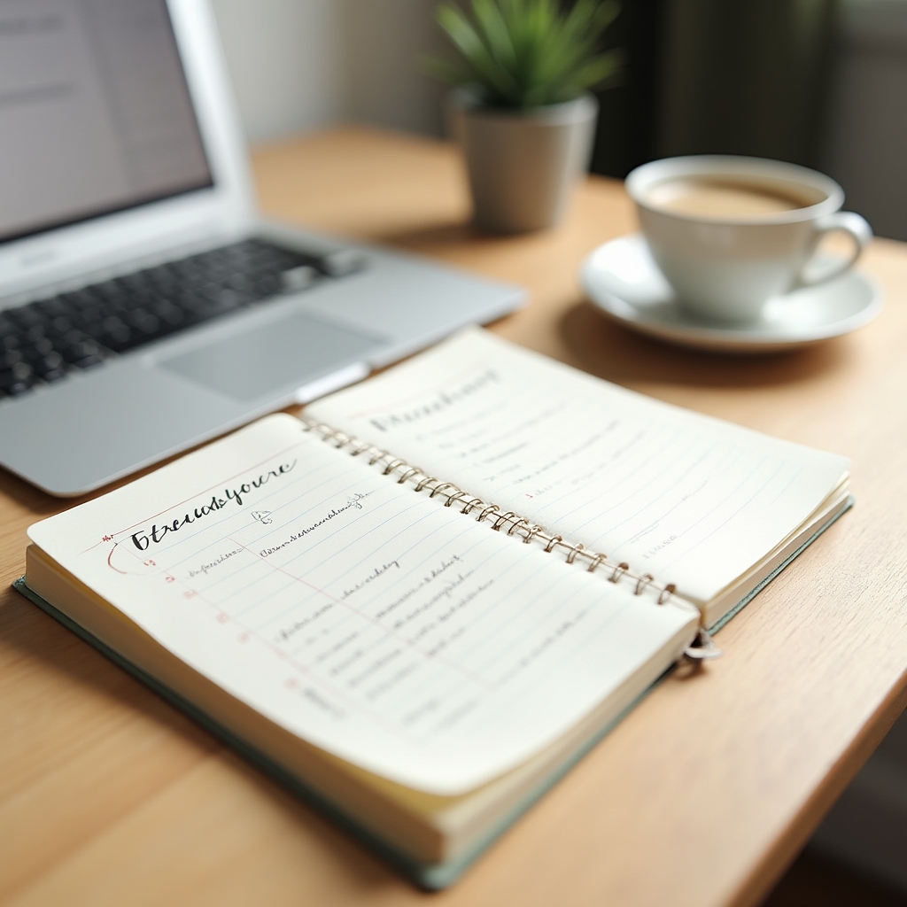 Open notebook with a weekly habit plan sketched out beside a laptop and cup of coffee