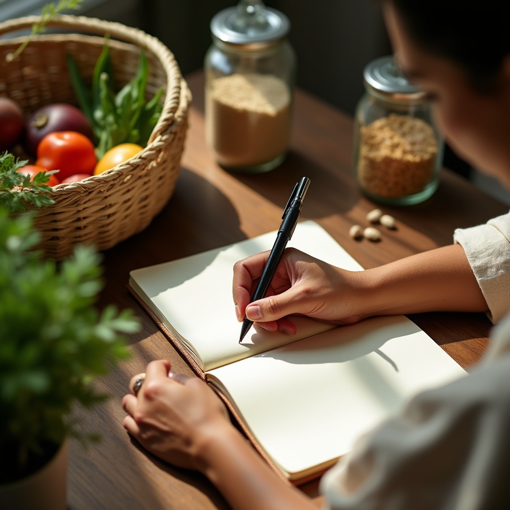 Person writing a weekly meal and habit plan in a notebook on a wooden desk with fresh produce nearby