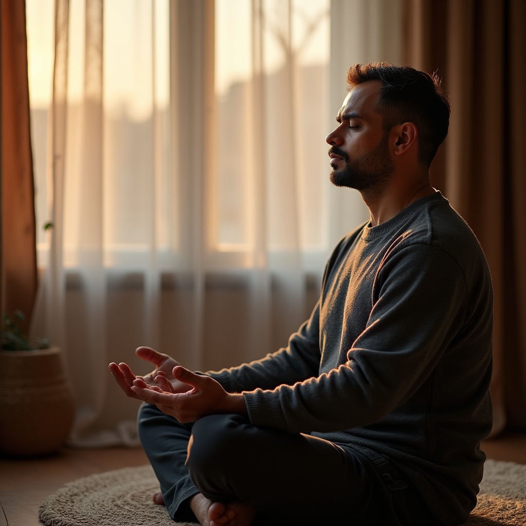 Person practicing a calm breathing exercise while seated near a window during an evening wind-down session